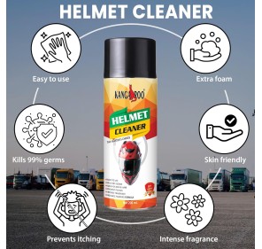 Kangaroo® Helmet Cleaner Spray - 200ml with Microfiber Cloth | Quick Dry & Anti-Bacterial Foaming Formula | Removes Odour & Deep Cleans Helmet Interior | Safe for Skin & Hair 