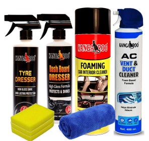 Kangaroo® Premium Car Care Kit Include Foaming Car Interior Cleaner Spray 500 ML with (Dashboard Dresser + Tyre Dresser + AC Vent & Duct Cleaner) 400 ML Each