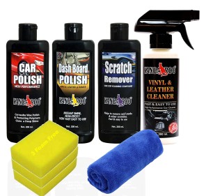Kangaroo® Car Care Kit Include (Car Polish, Dashboard Polish, Scratch Remover, Car Interior Cleaner (Vinyl Leather) 200 ML Each With 3 Foam Applicator and 1 Microfiber Towel - Save Your TIME and Money to FIND Separately