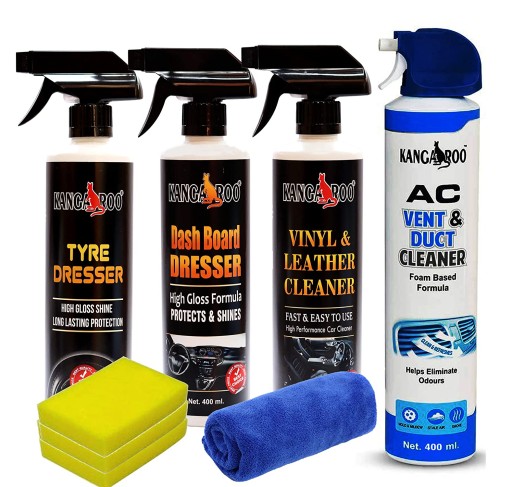 Kangaroo® Premium Car Care Kit Include (Dashboard Dresser + Tyre Dresser + Vinyl Leather Cleaner + AC Vent & Duct Cleaner) 400 ML Each Save Your TIME and Money to FIND Separately Kangaroo® Premium Car Care Kit Include (Dashboard Dresser + Tyre Dresser + Vinyl Leather Cleaner + AC Vent & Duct Cleaner) 400 ML Each Save Your TIME and Money to FIND Separately