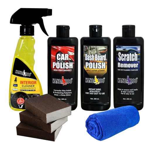 Kangaroo® New Car Care Kit Interior Cleaner 300 ml, Car Polish, Dashboard Polish, Scratch Remover 200 ml Each 3 Foam Applicator and 1 Micro Fiber Towel - Save Your TIME and Money to FIND Separately Kangaroo® New Car Care Kit Interior Cleaner 300 ml, Car Polish, Dashboard Polish, Scratch Remover 200 ml Each 3 Foam Applicator and 1 Micro Fiber Towel - Save Your TIME and Money to FIND Separately
